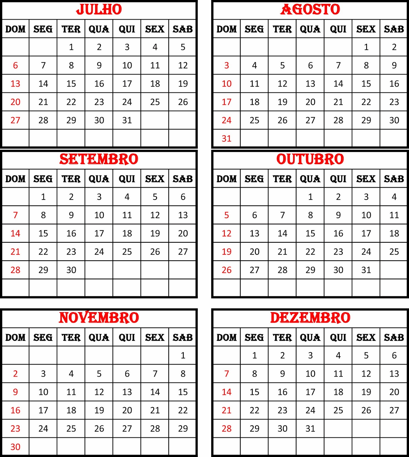 Calendário 2014 do Brasil junho a dezembro