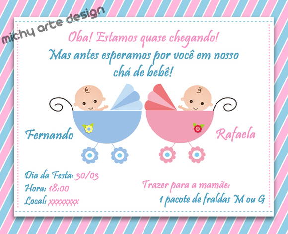 Convite para Chá de Bebê gêmeos menino e menina