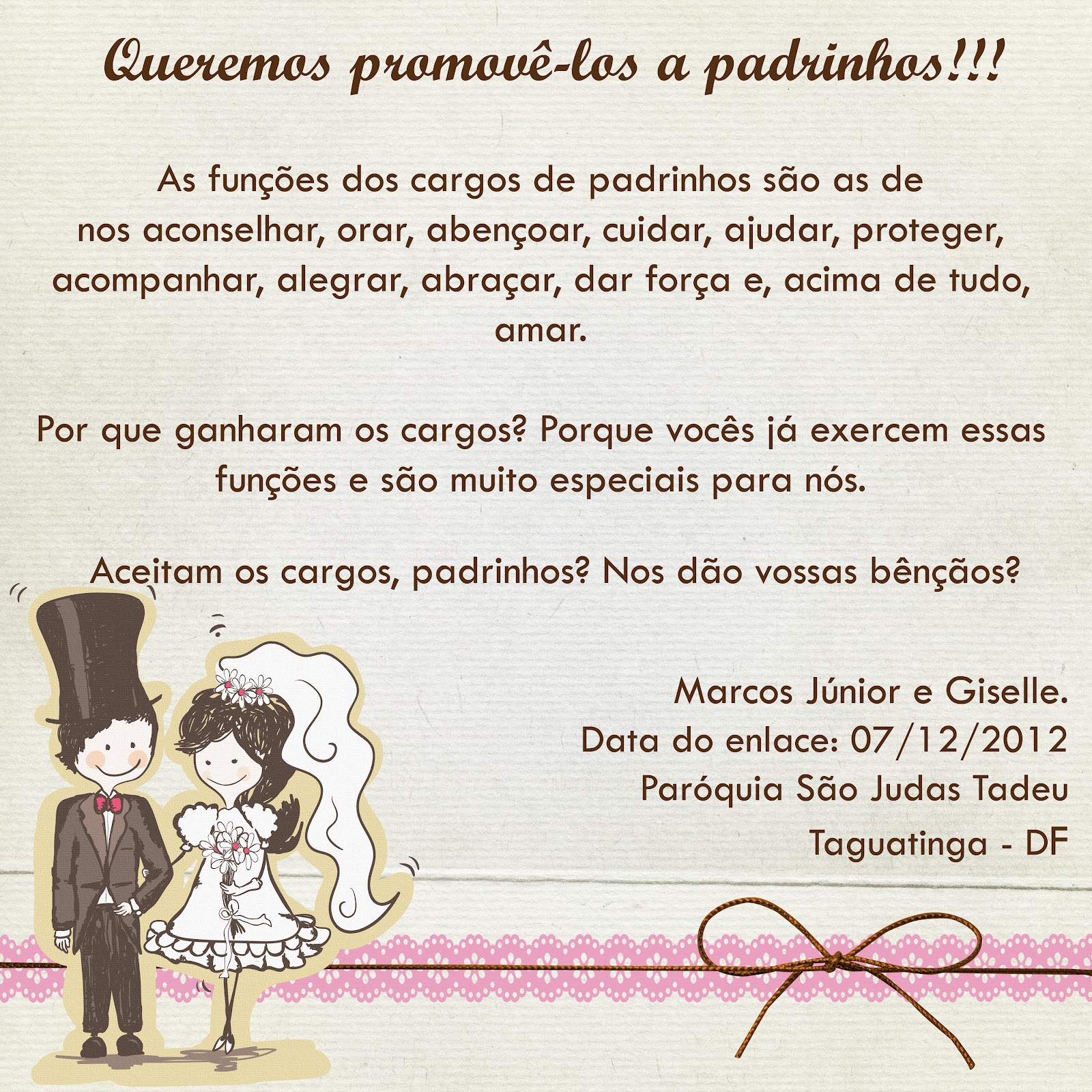 Convite para Padrinhos de Casamento noivos bonecos