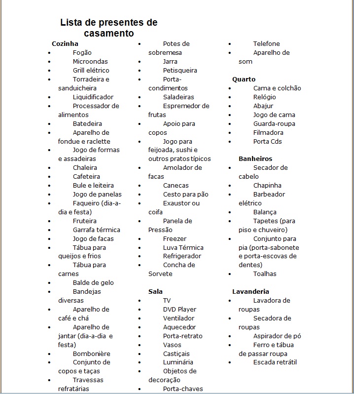 Lista de Casamento - Cozinha, quarto, sala, banheiro e lavanderia 