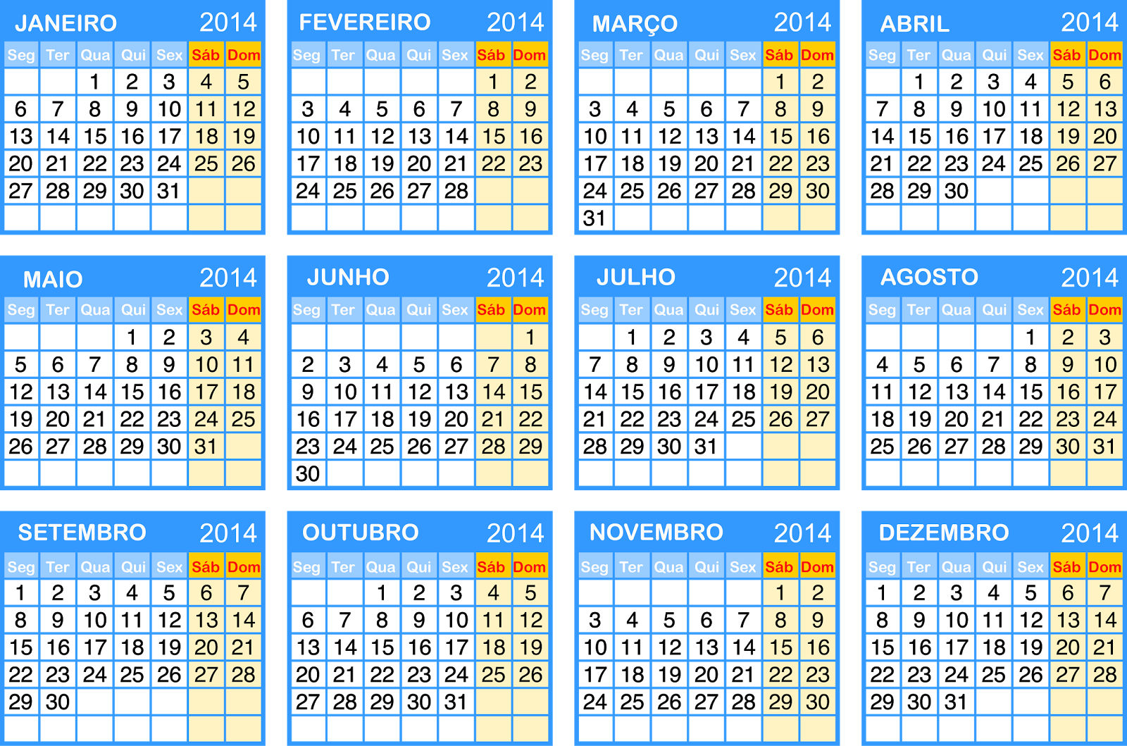 Calendário 2014 do Brasil azul
