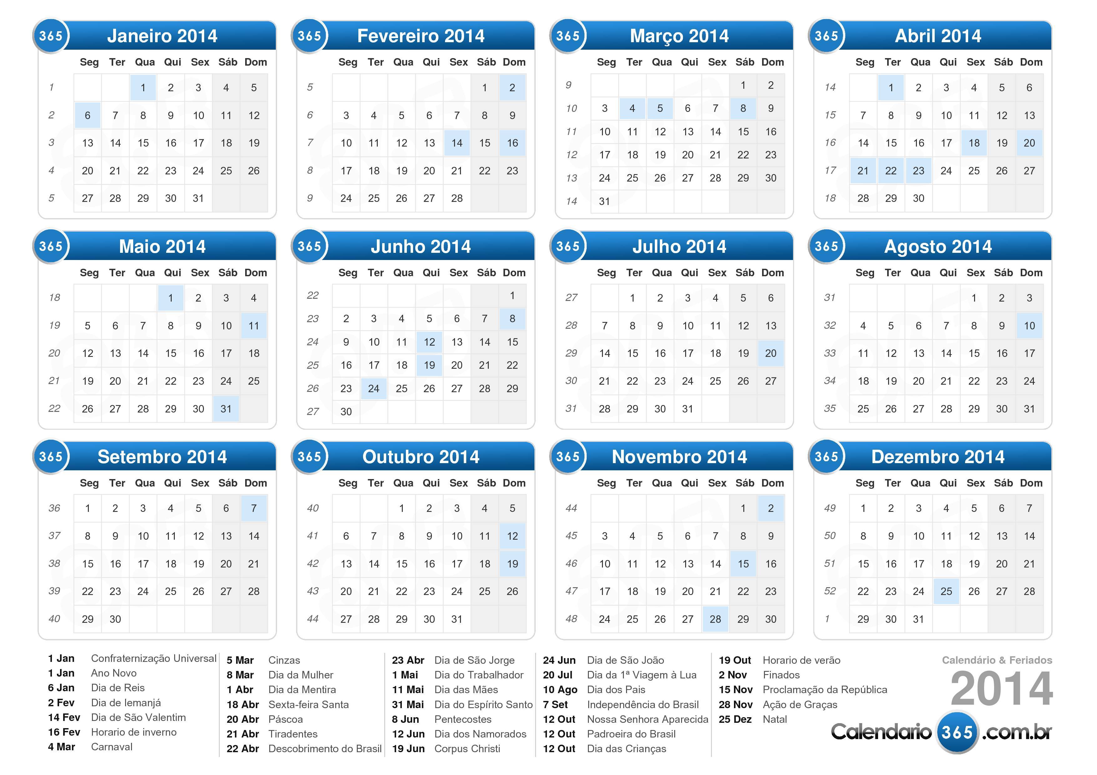 Calendário 2014 do Brasil Azul