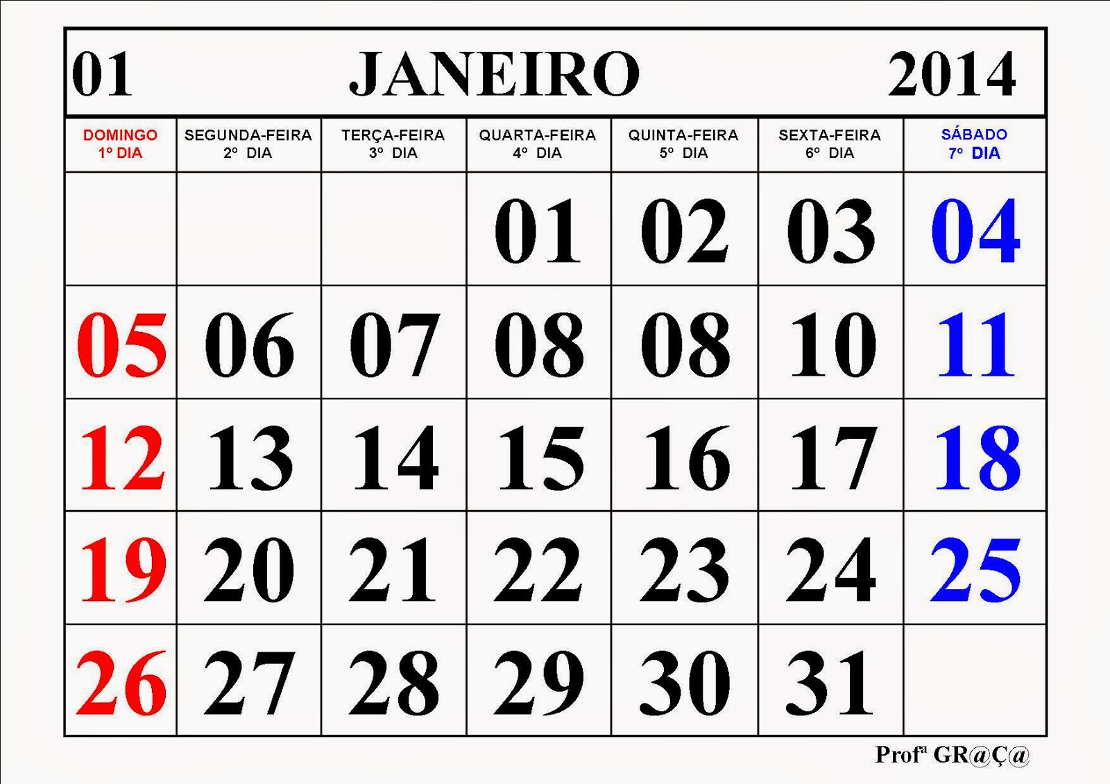 Calendário 2014 do Brasil Janeiro