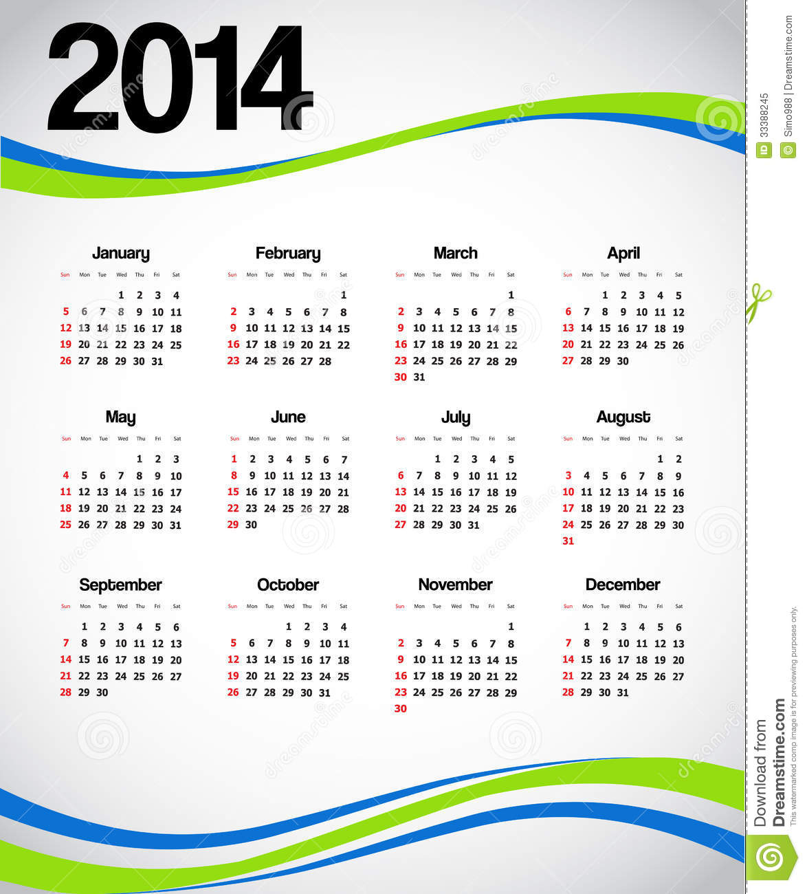 Calendário 2014 do Brasil verde azul