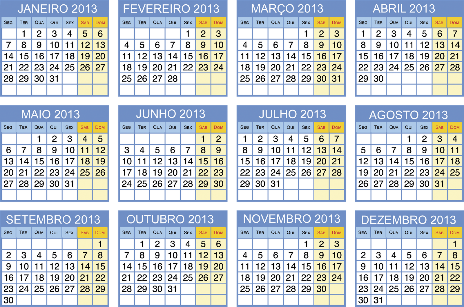 Calendário 2013 azul com detalhes amarelo 