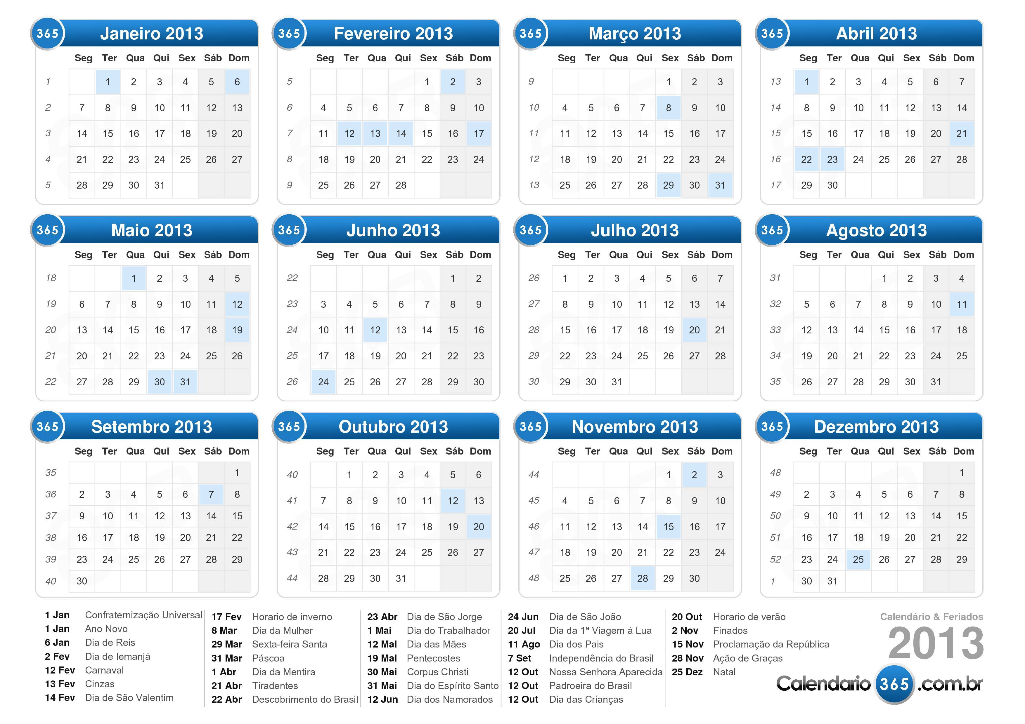 Calendário 2013 azul e branco com feriados 