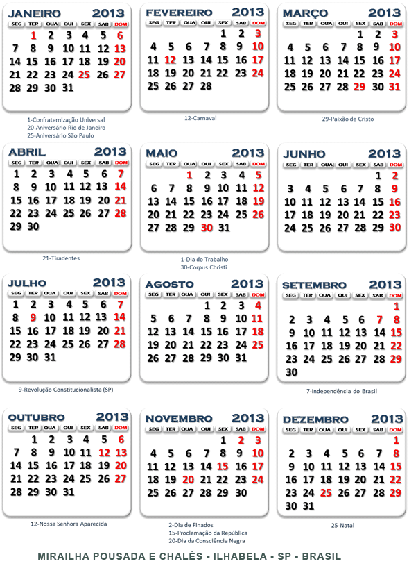 Calendário 2013 branco com detalhes vermelhos 