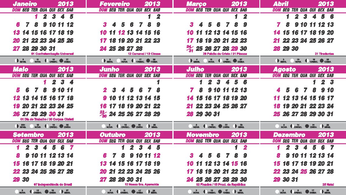 Calendário 2013 rosa e branco 