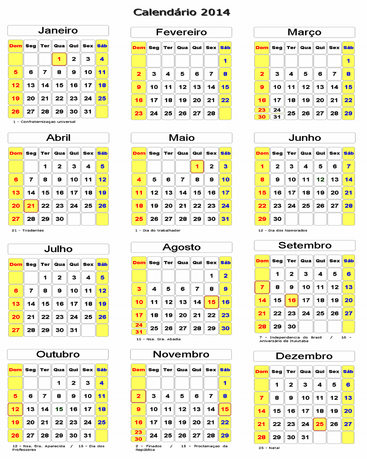 Calendário 2014 do Brasil amarelo