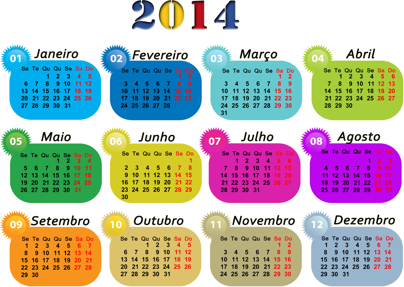 Calendário 2014 do Brasil Colorido