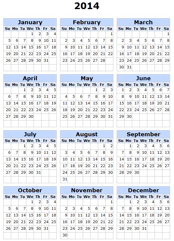 Calendário 2014 para imprimir Azul em inglês