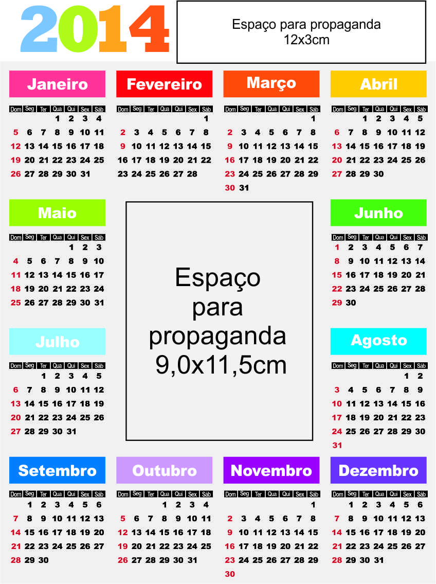 Calendário 2014 para imprimir com espaço para propaganda