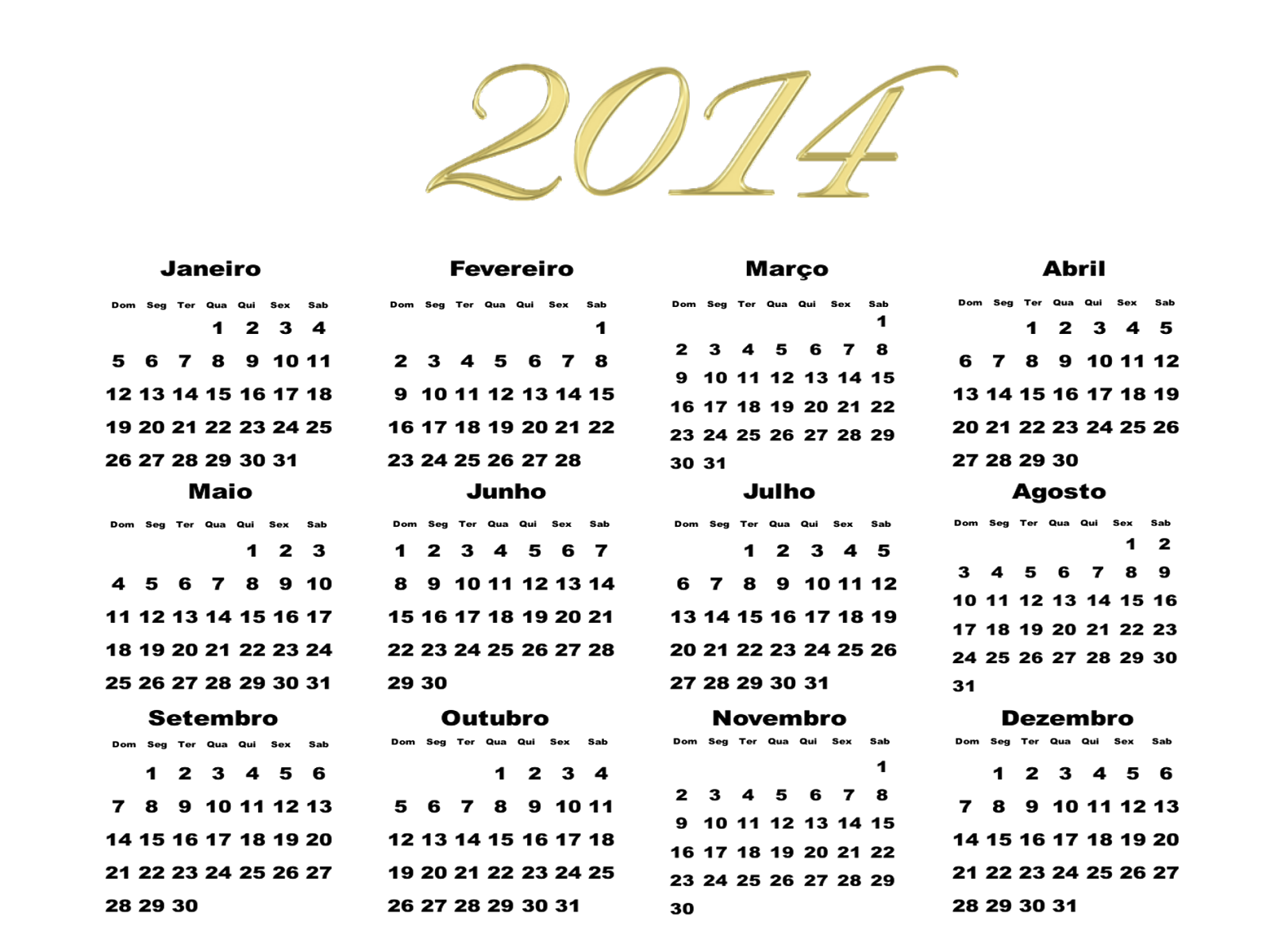 Calendário 2014 para imprimir Dourado