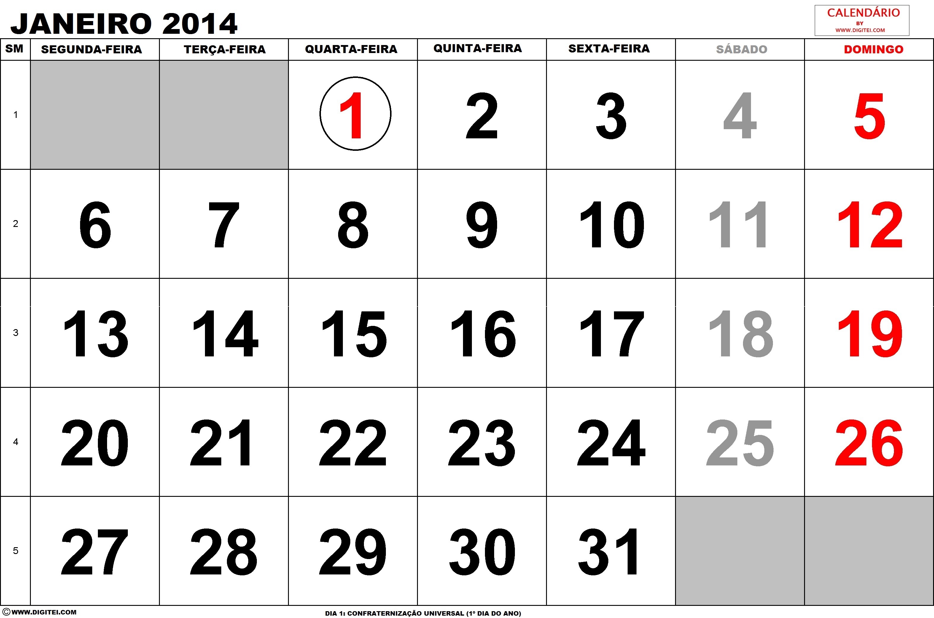 Calendário 2014 para imprimir Janeiro Português