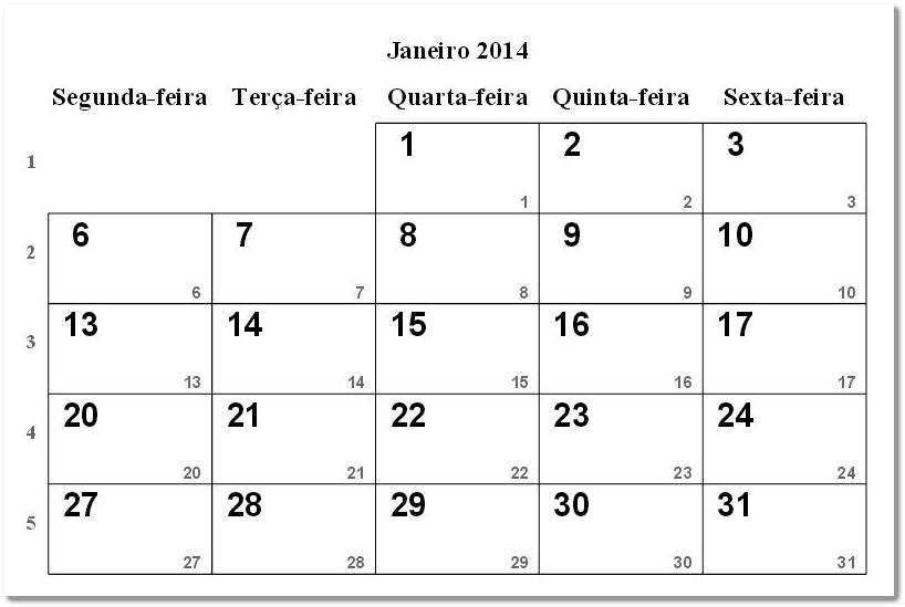Calendário 2014 para imprimir Janeiro