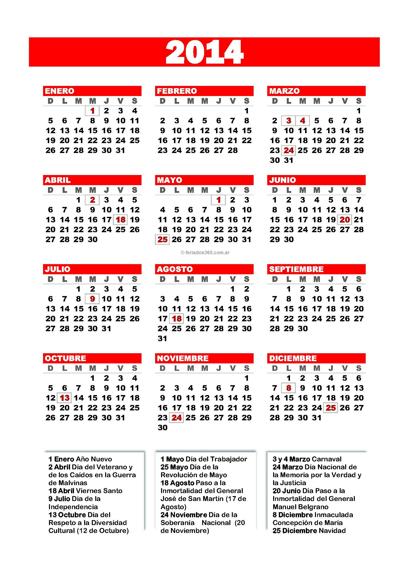 Calendário 2014 do Brasil vermelho