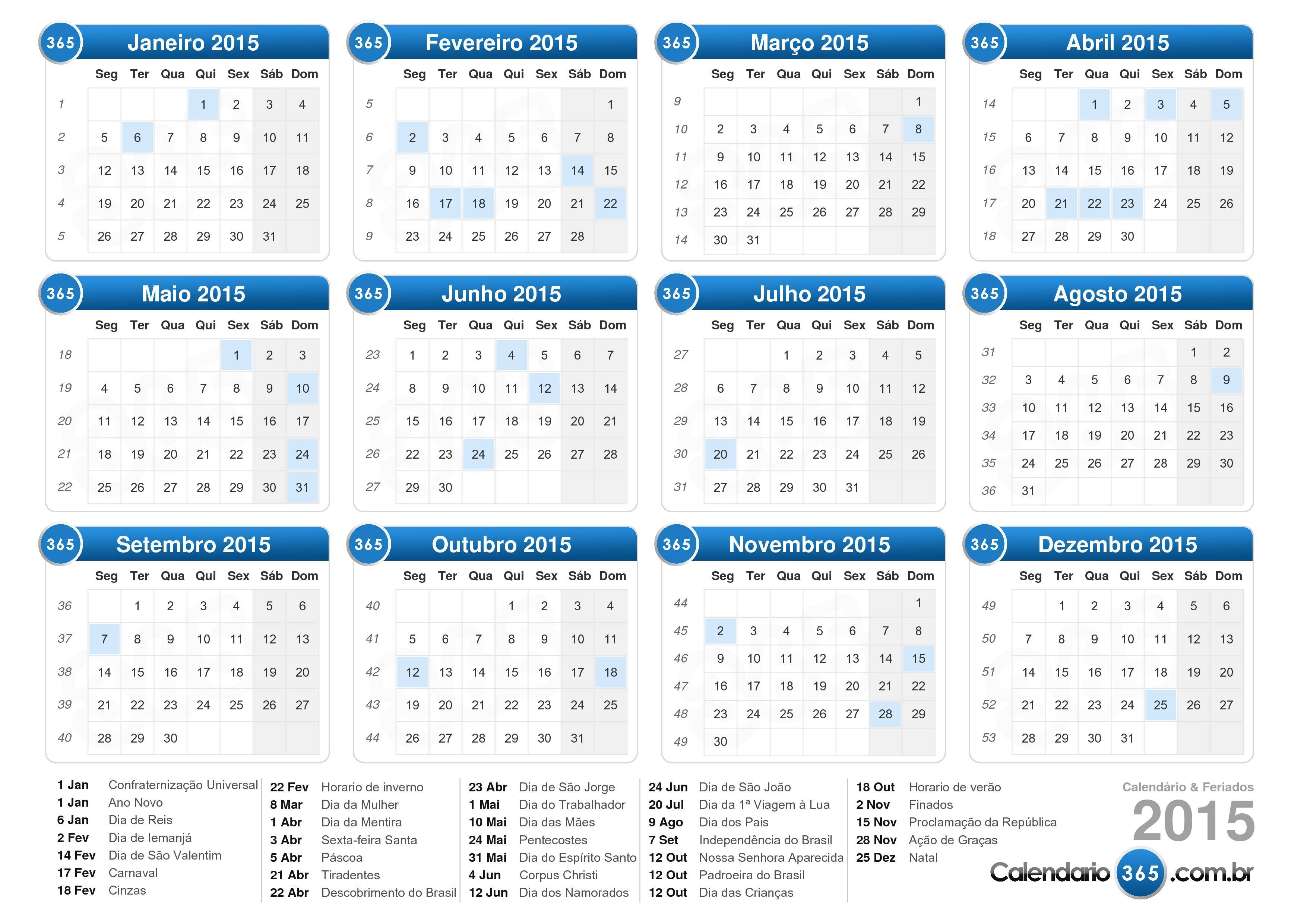 Calendário 2015 com feriados azul