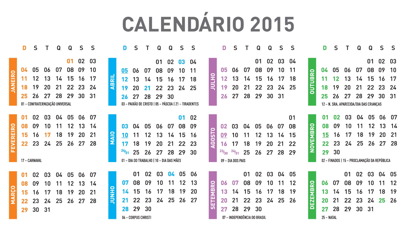 Calendário 2015 do Brasil colorido