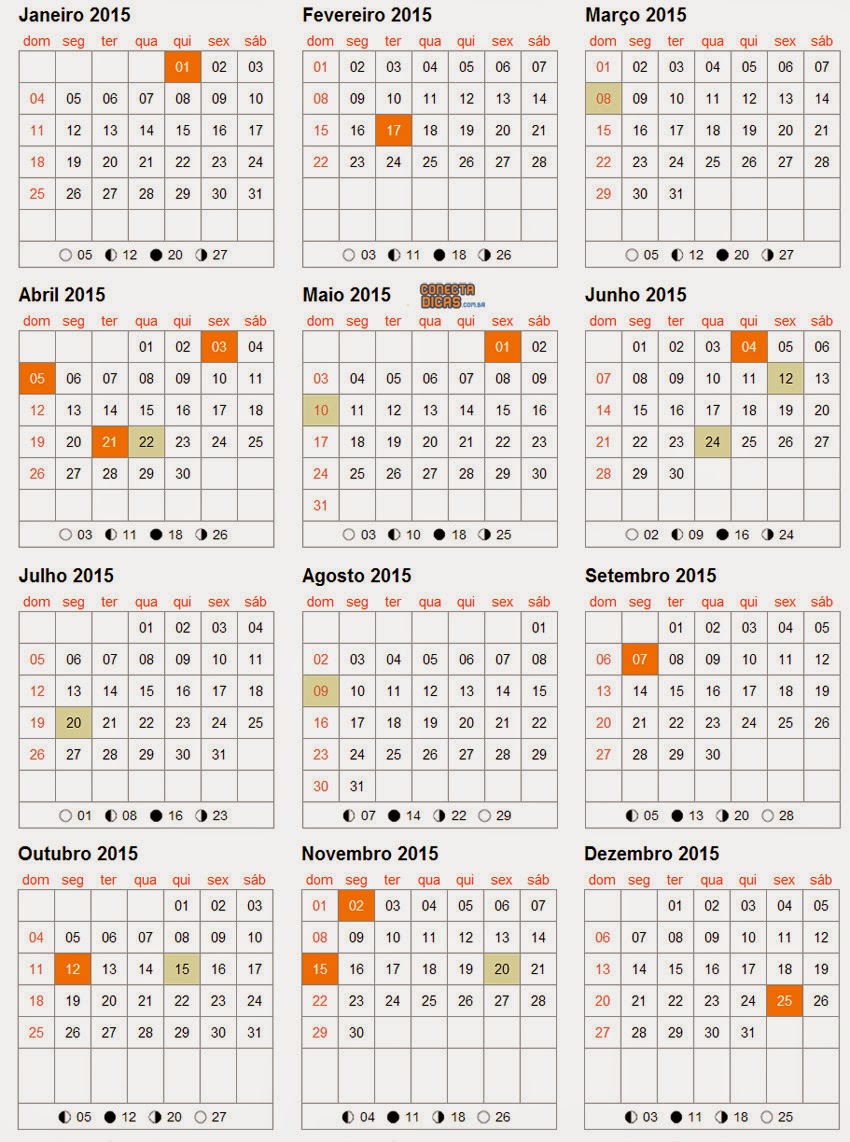 Calendário 2015 do Brasil com feriados