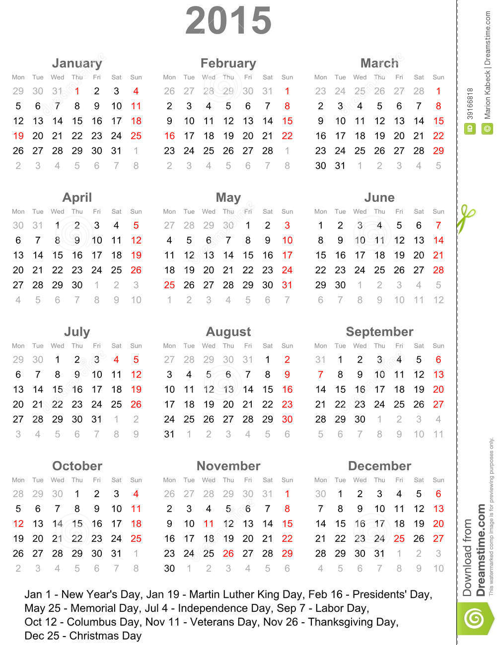 Calendário 2015 com feriados em inglês