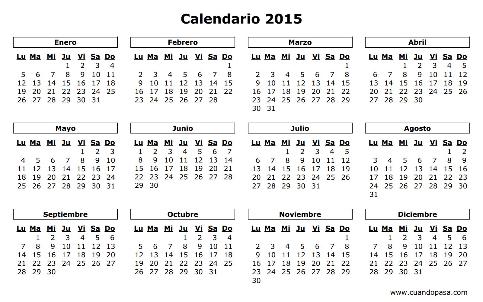 Calendário 2015 preto e branco