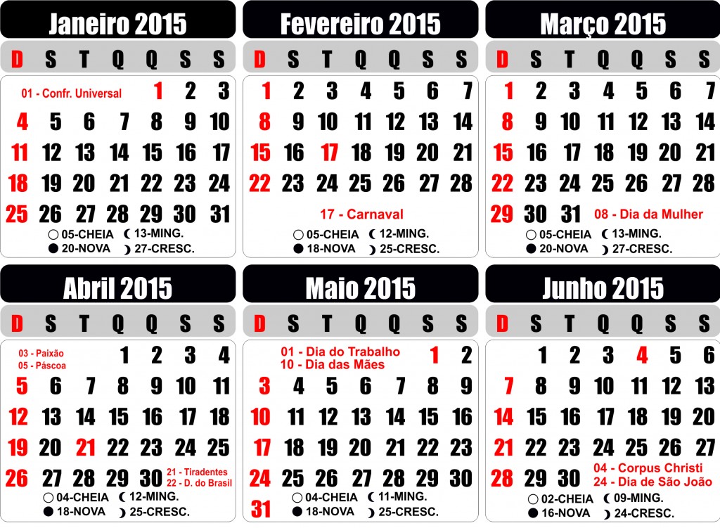 Calendário 2015 tradicional até junho