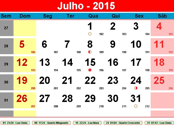 Calendário de Julho 2015 Colorido