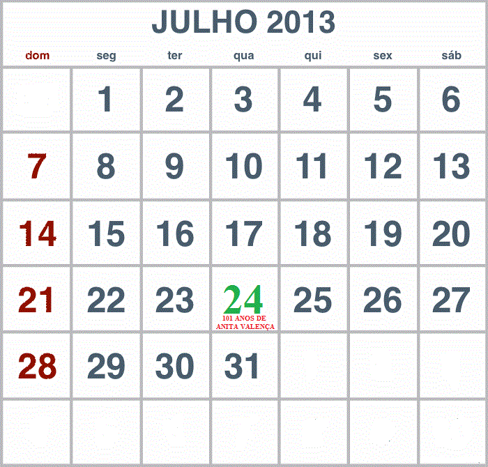 Calendário de Julho 2013