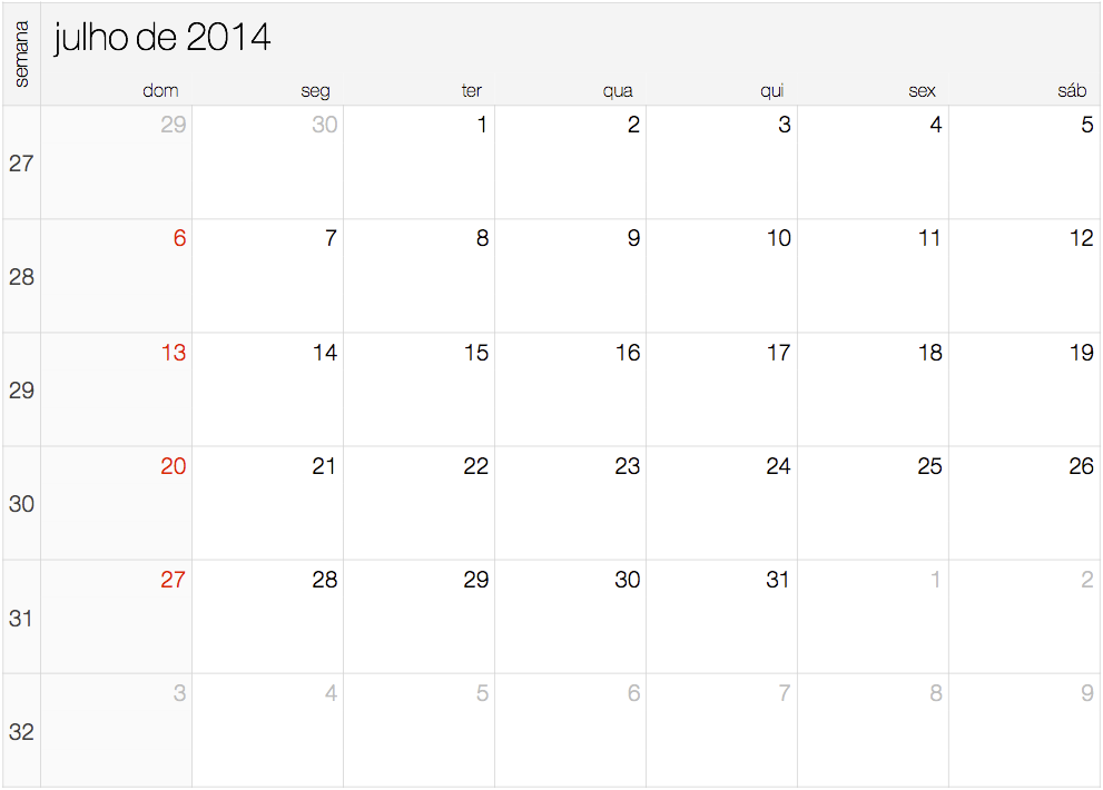 Calendário de Julho 2014 numeros pequenos