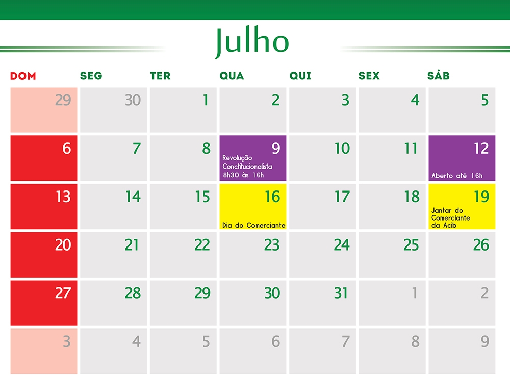 Calendário de Julho 2014 Verde