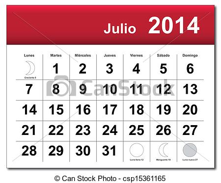 Calendário de Julho 2014 Vermelho