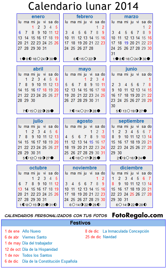 Calendário Lunar 2014 com Feriado
