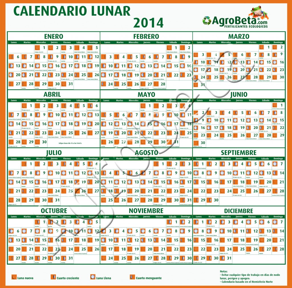 Calendário Lunar 2014 Laranja e verde