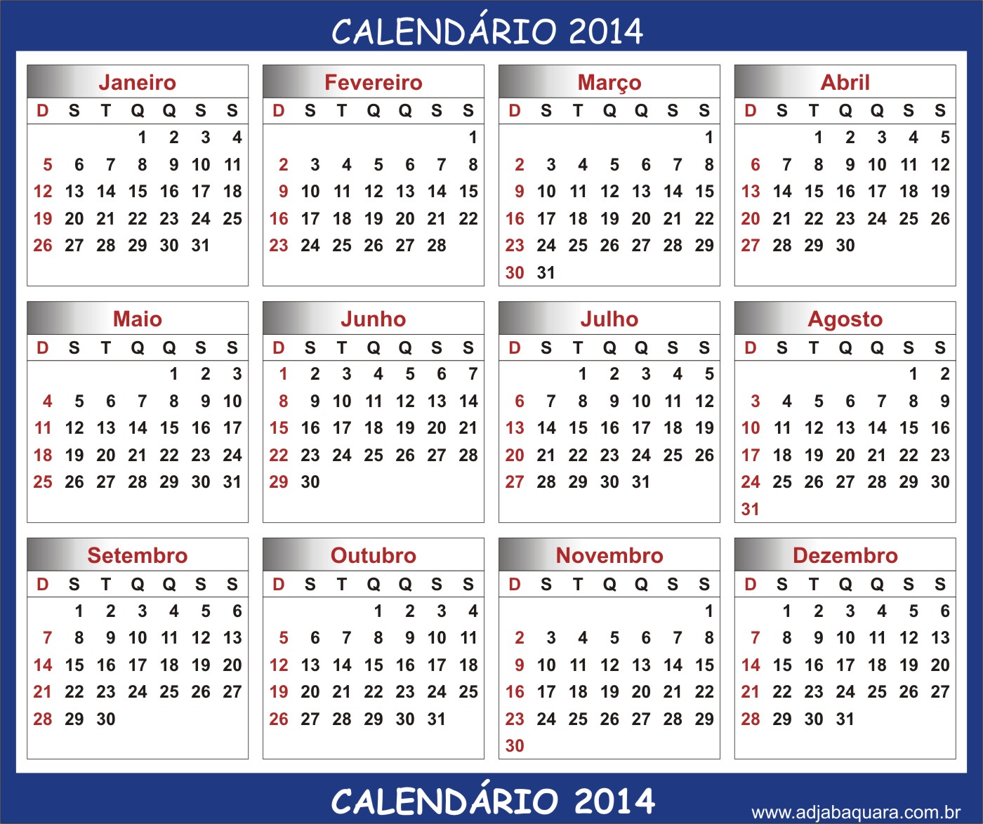 Calendário 2014 do Brasil básico