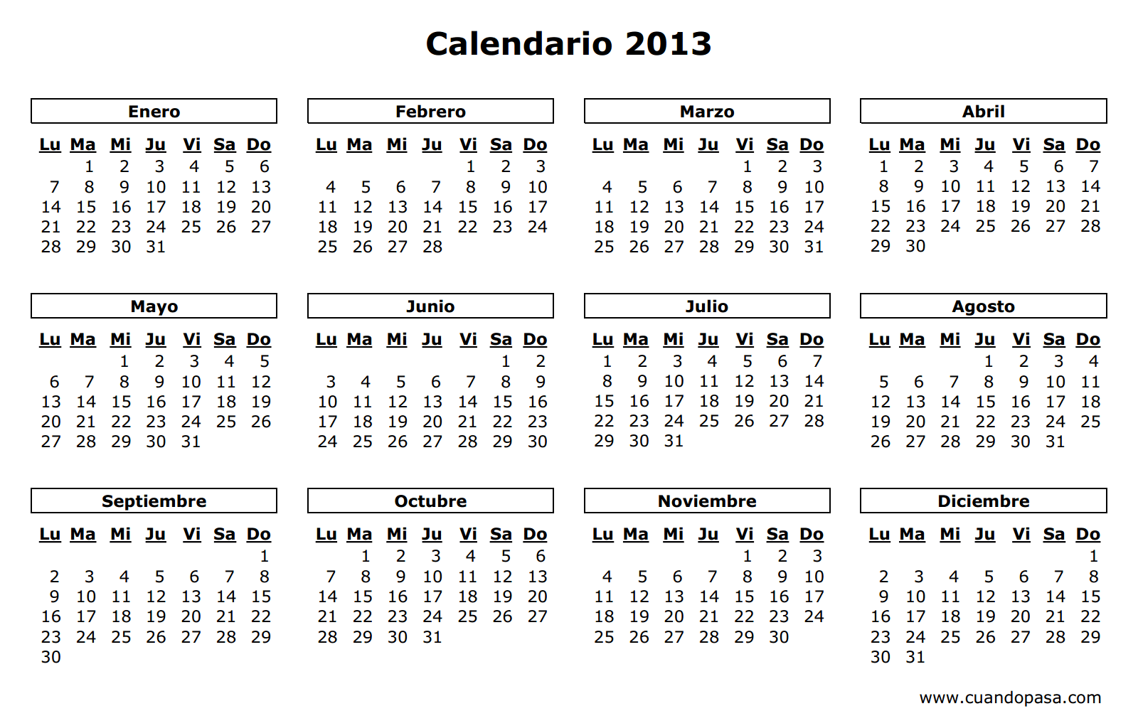 Calendário 2013 branco e preto 