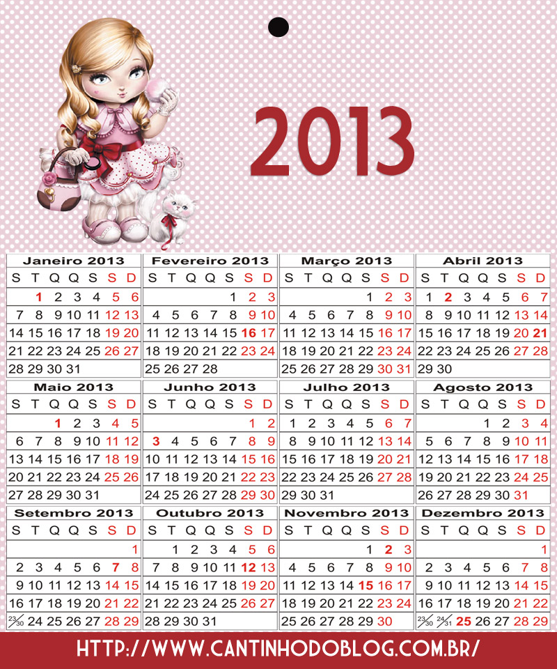 Calendário 2013 branco e vermelho com bonequinha 