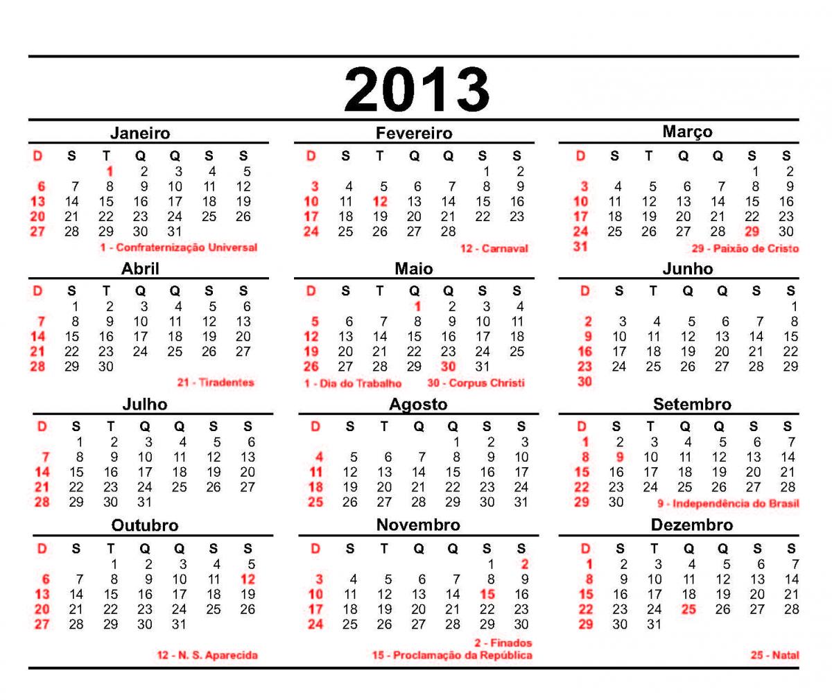 Calendário 2013 preto e vermelho modelo simples 