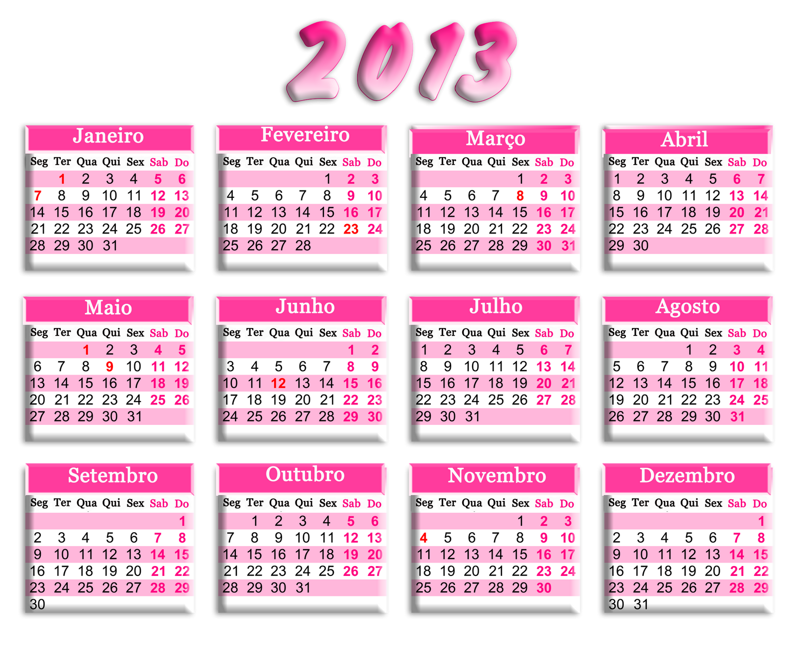 Calendário 2013 rosa e branco PNG