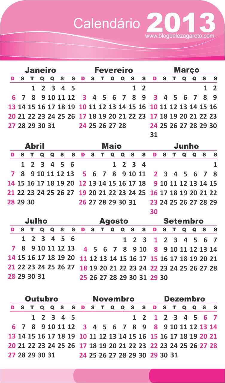 Calendário 2013 rosa e branco 