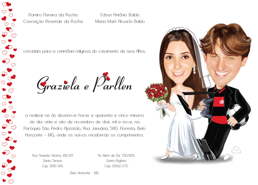 Cartão de Casamento caricatura foto com corações vermelho