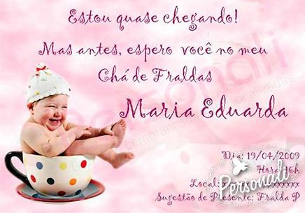 Convite Chá Fralda bebê xícara colorida com bebê dentro