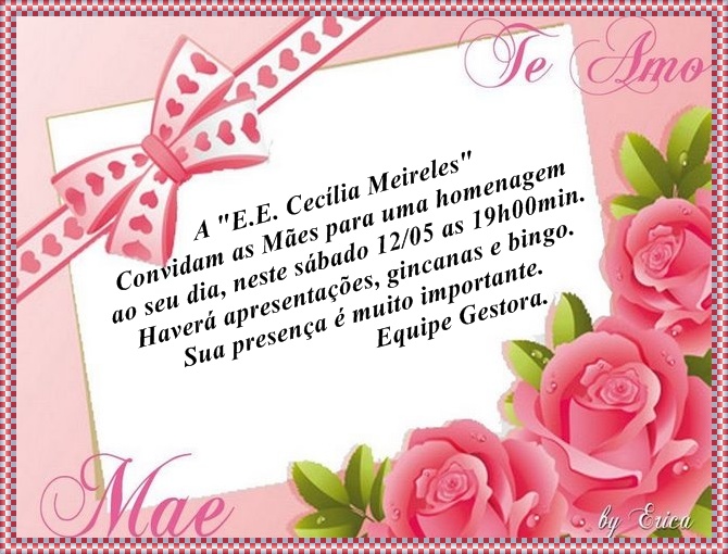 Convite para o Dia das Mães laço rosa moldura flores