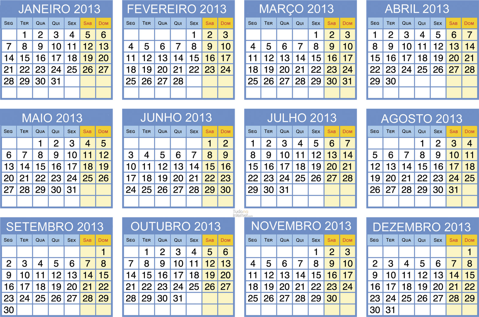 Downloads calendário 2013 com feriados azul e amarelo 