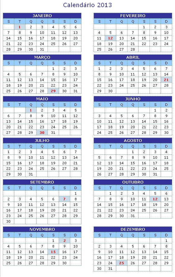 Downloads calendário 2013 com feriados branco e azul