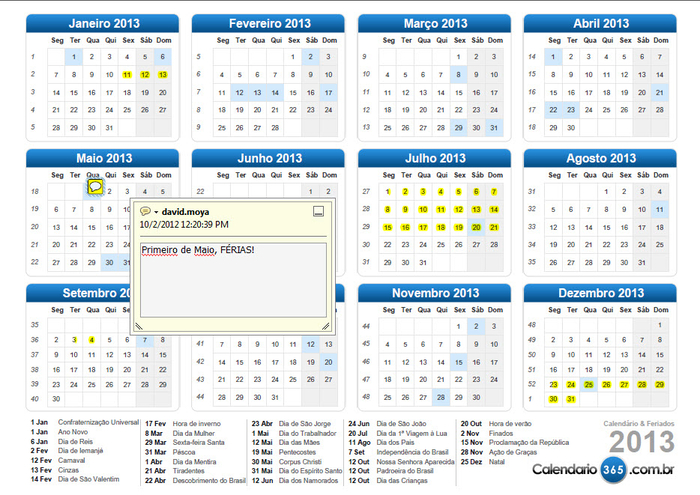 Downloads calendário 2013 com feriados editavel