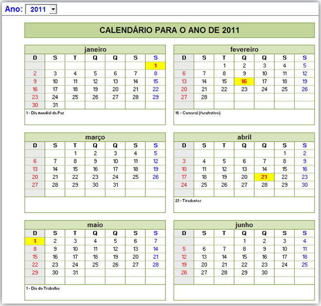 Downloads calendário 2013 com feriados verde claro