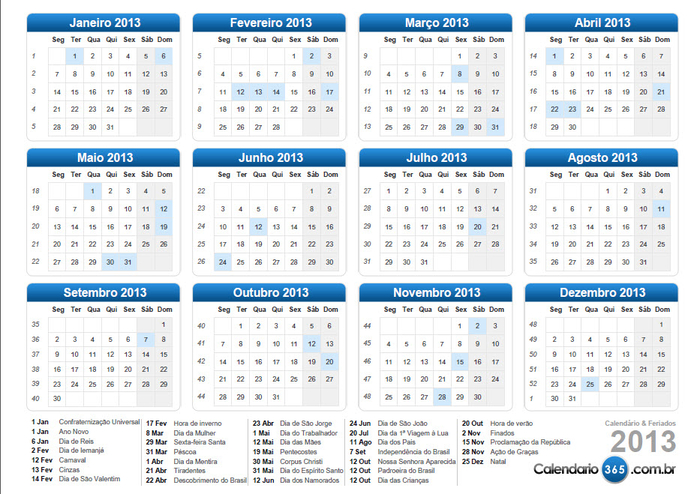 Downloads Calendário 2013 PDF azul