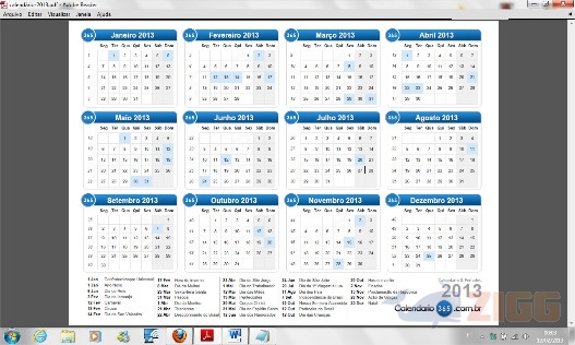 Downloads Calendário 2013 PDF editável azul 