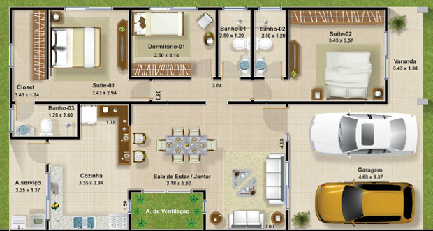 Planta de casas com 2 quartos e 2 banheiros com area de ventilação