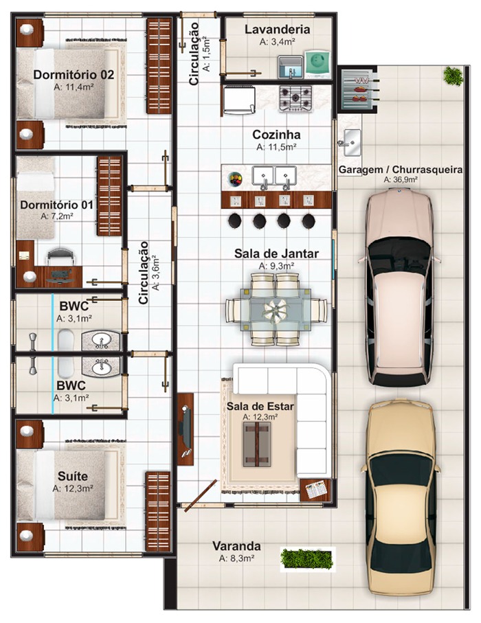 Planta de casas com 2 quartos e 2 banheiros Com garagem dois carro